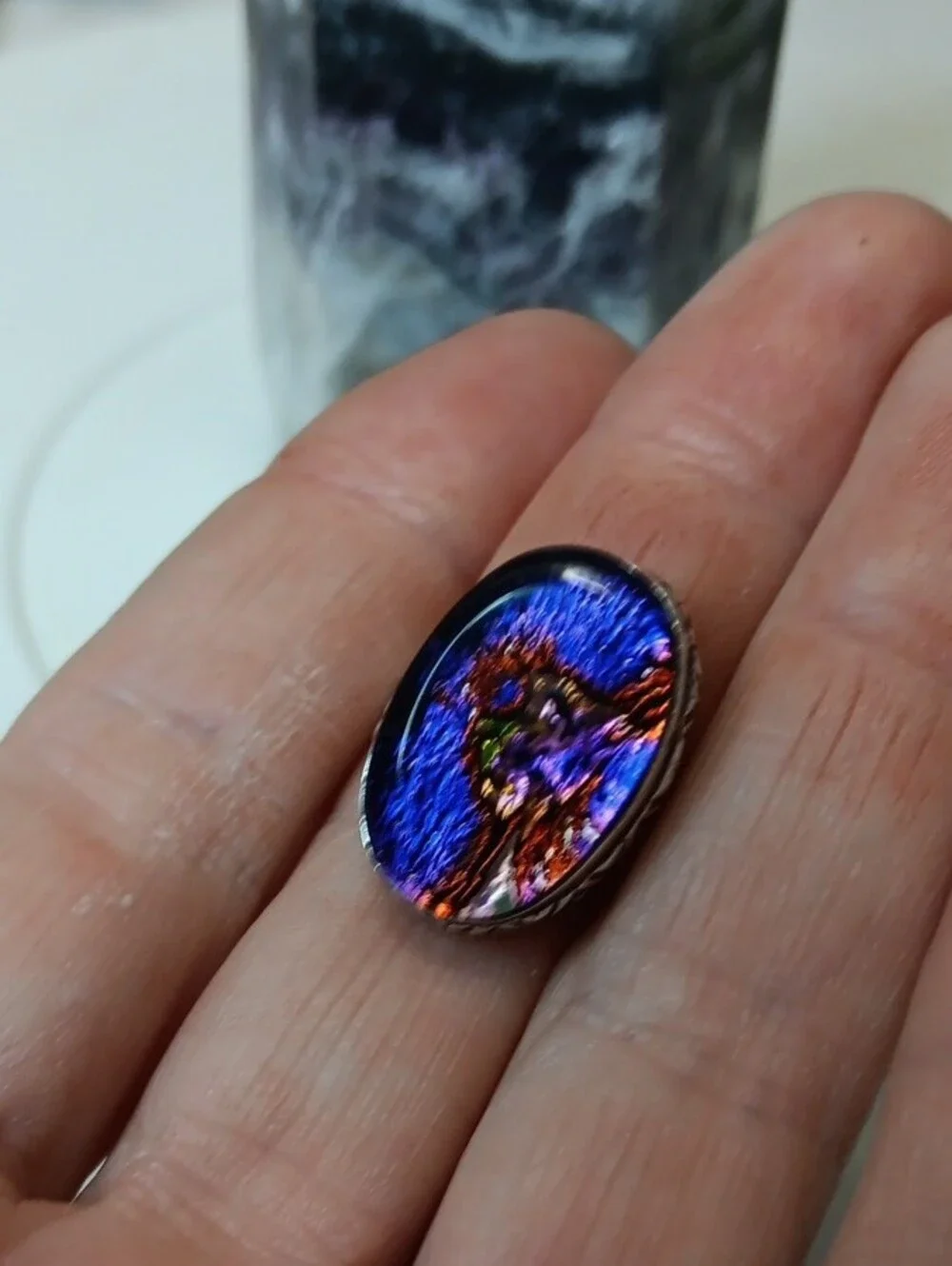Dichroic Glass Oval Statement Ring in Vivid Purple & Orange